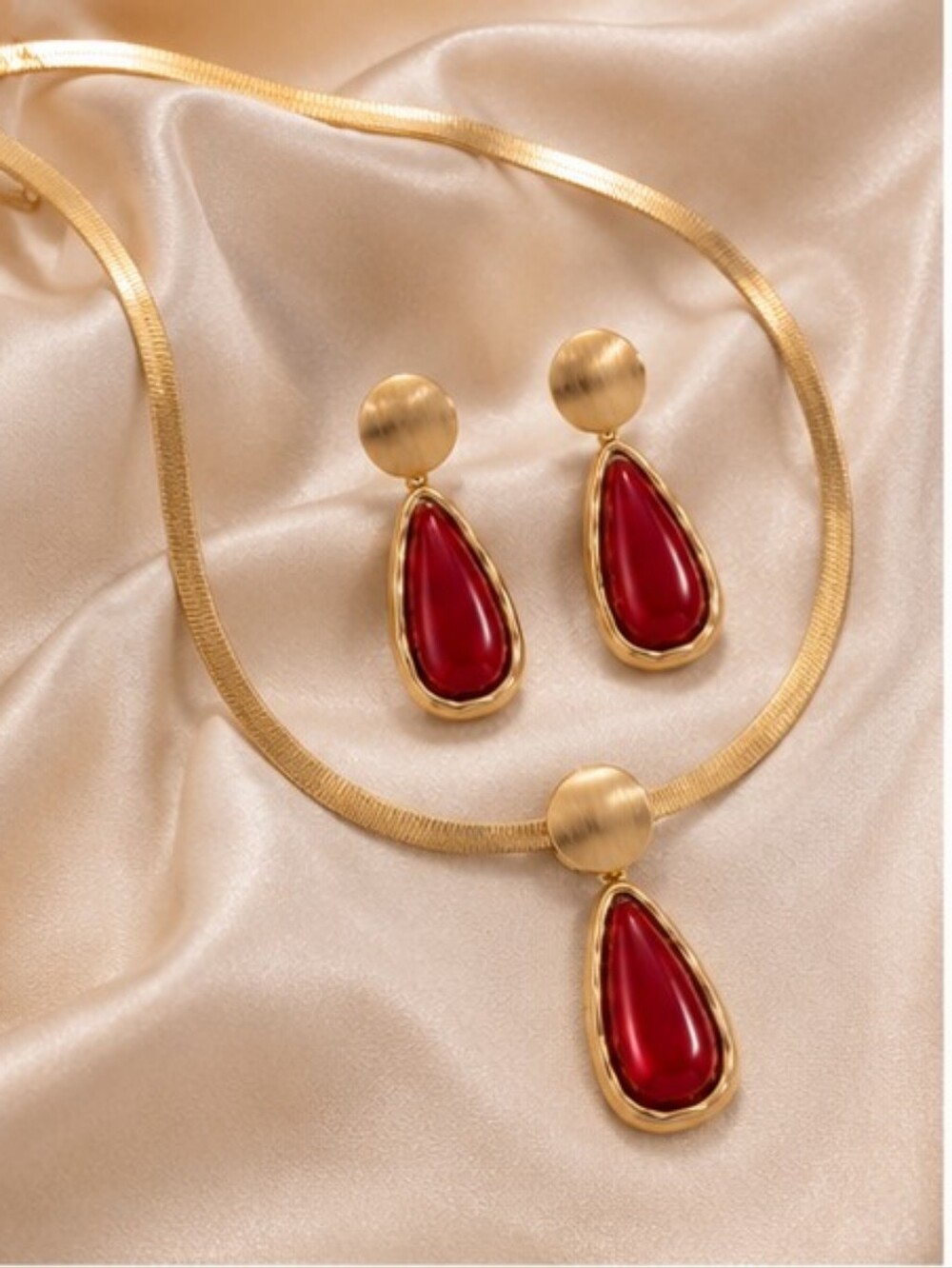 Gold-Tone Necklace & Red Teardrop Earrings Set